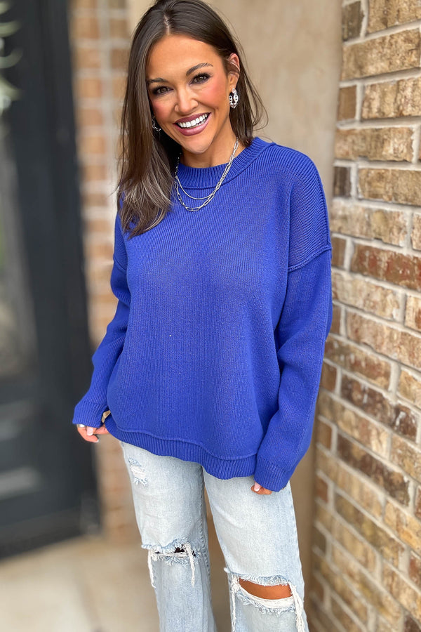 Royal Blue Long Sleeve Knit Pullover Sweater