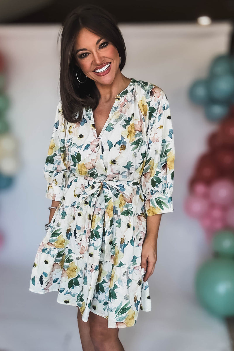 3/4 SLEEVE BELTED TIERED MINI DRESS