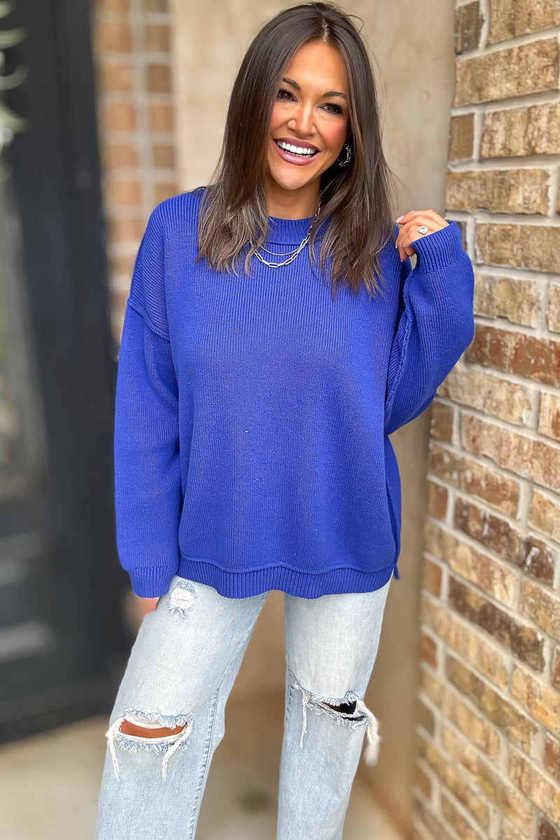 Royal Blue Long Sleeve Knit Pullover Sweater