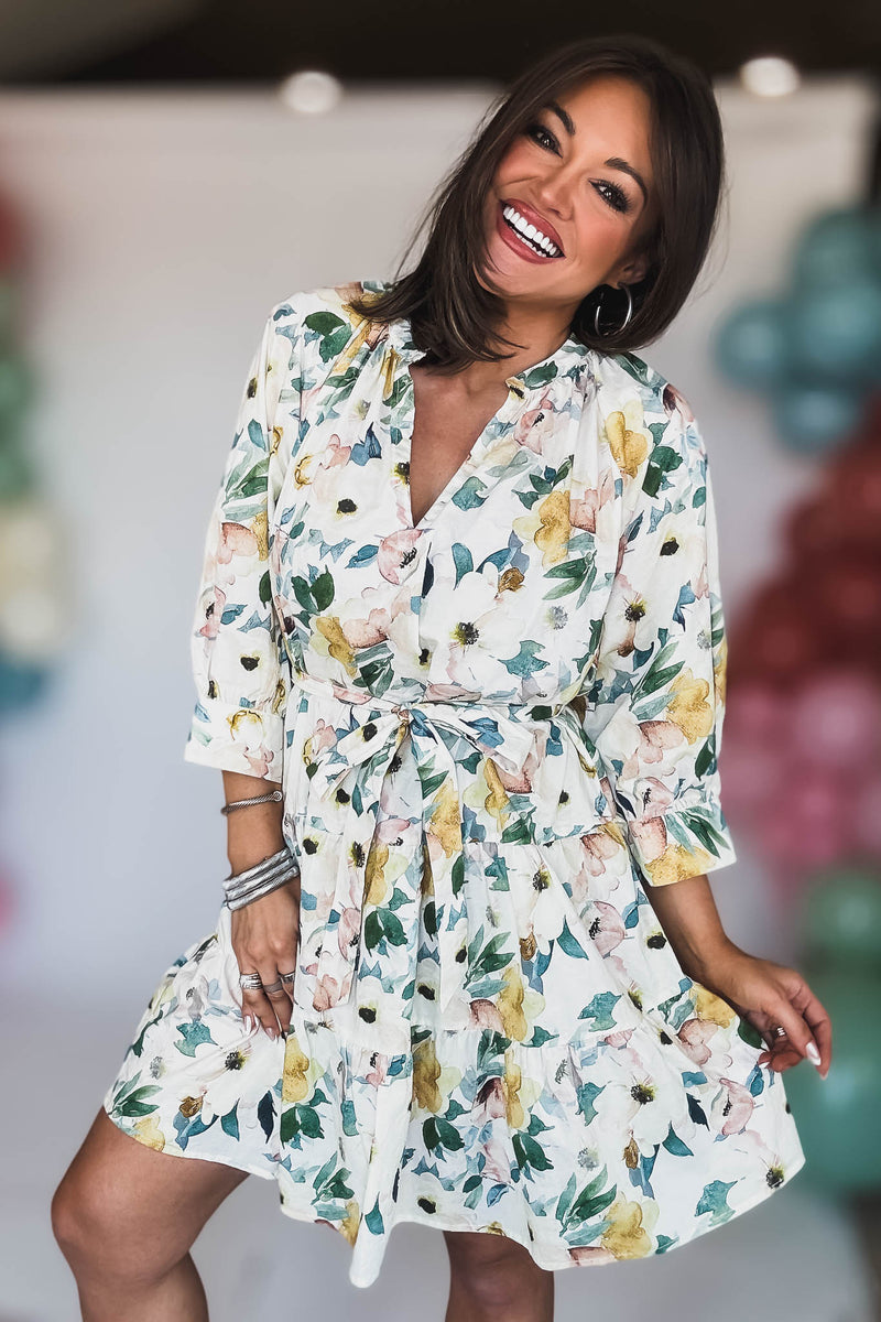 3/4 SLEEVE BELTED TIERED MINI DRESS