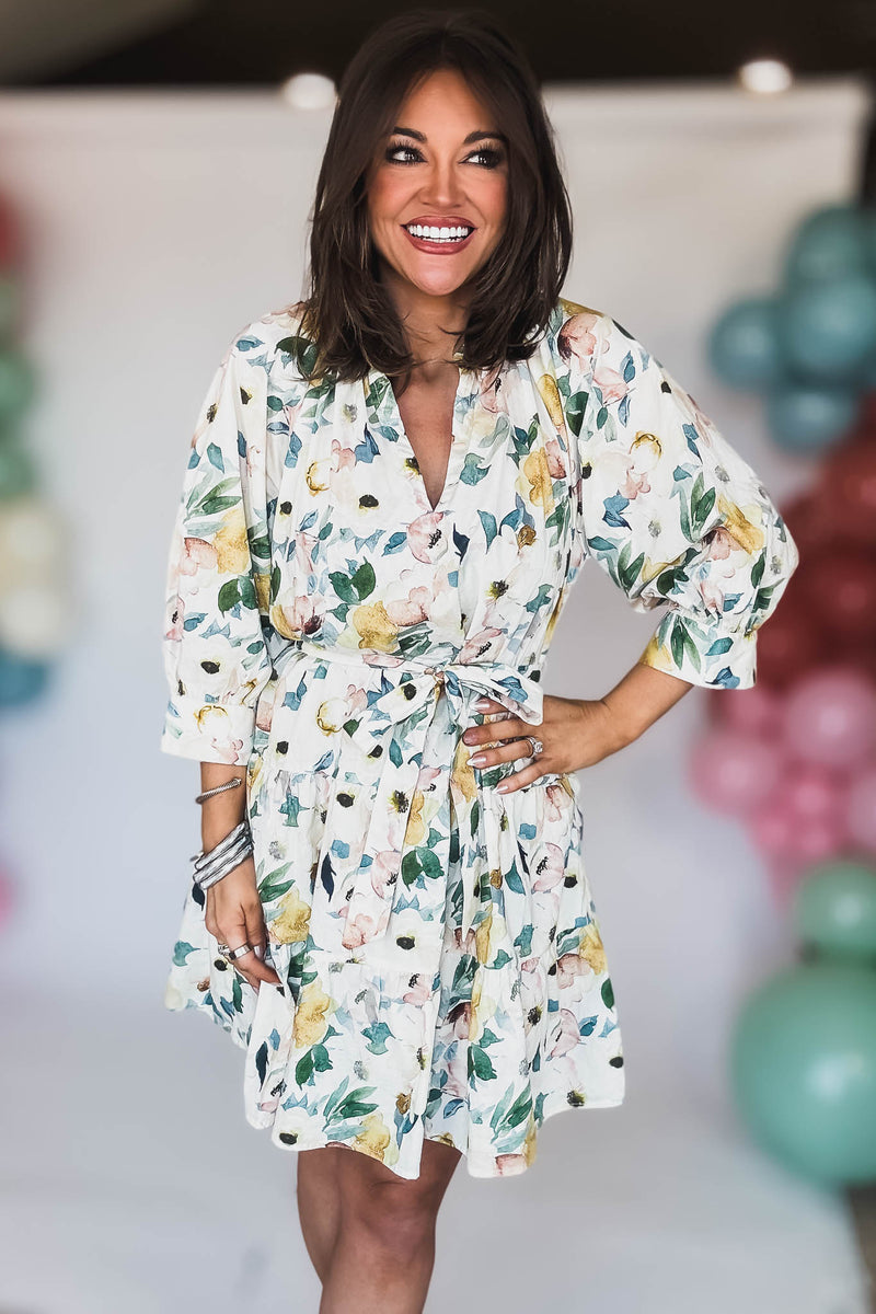 3/4 SLEEVE BELTED TIERED MINI DRESS