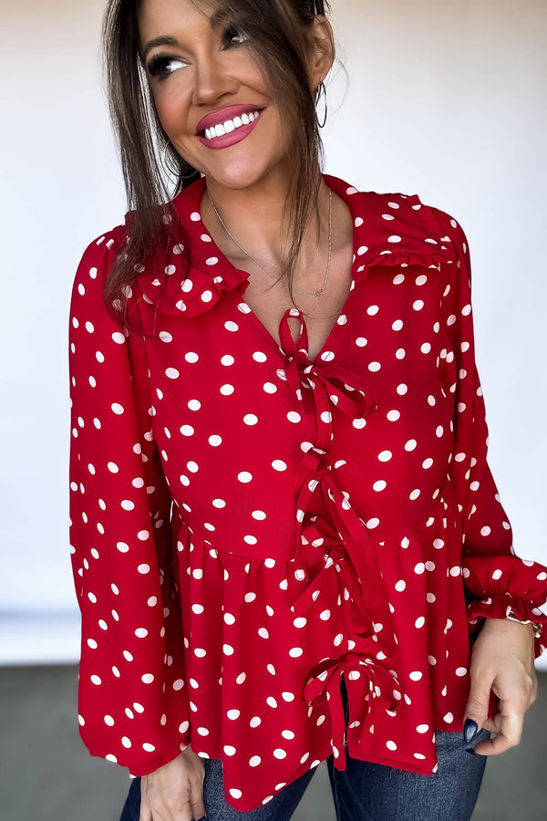 Dot Print Ribbon-Tie Baby Doll Top