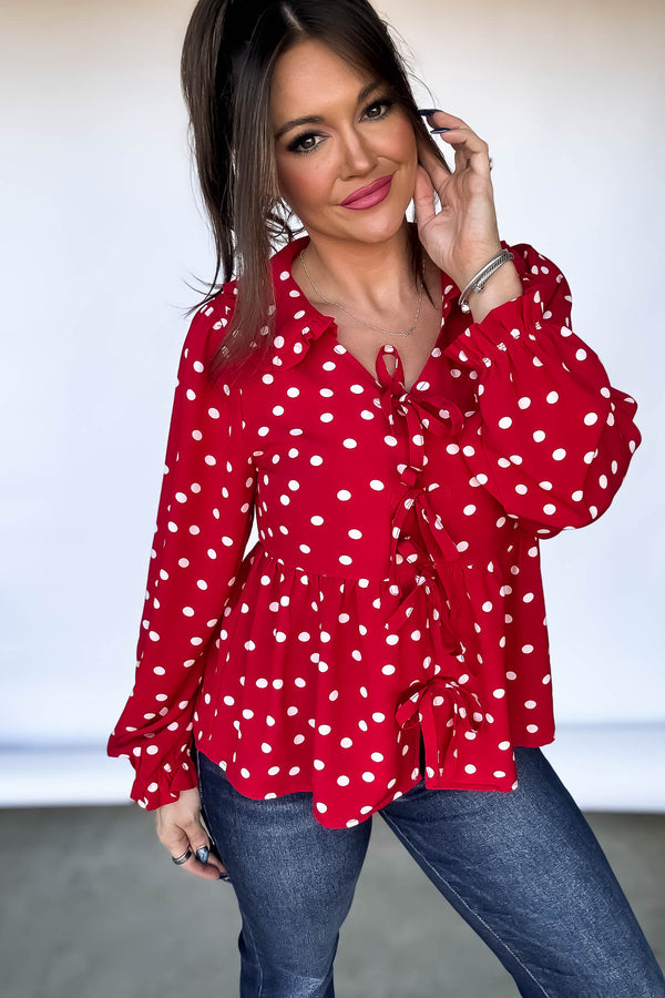 Dot Print Ribbon-Tie Baby Doll Top