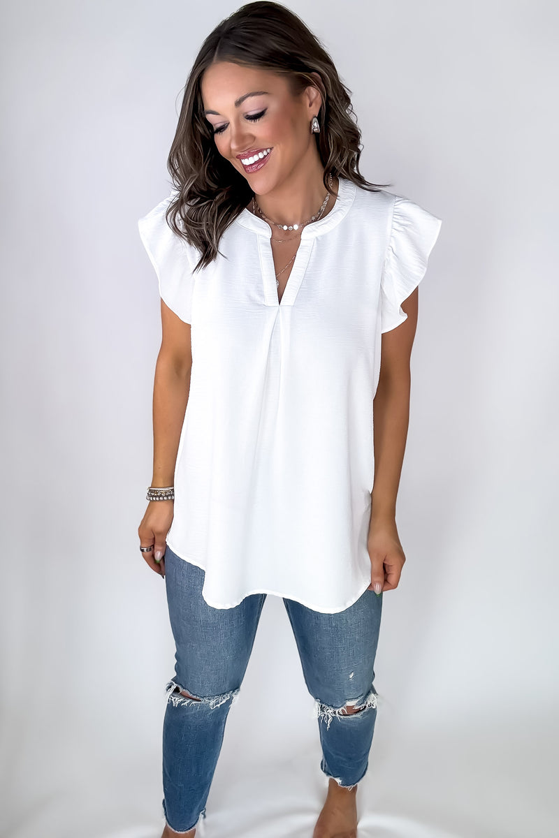 Make Life Great Off White Woven Airflow Ruffled Sleeve High-Low Top