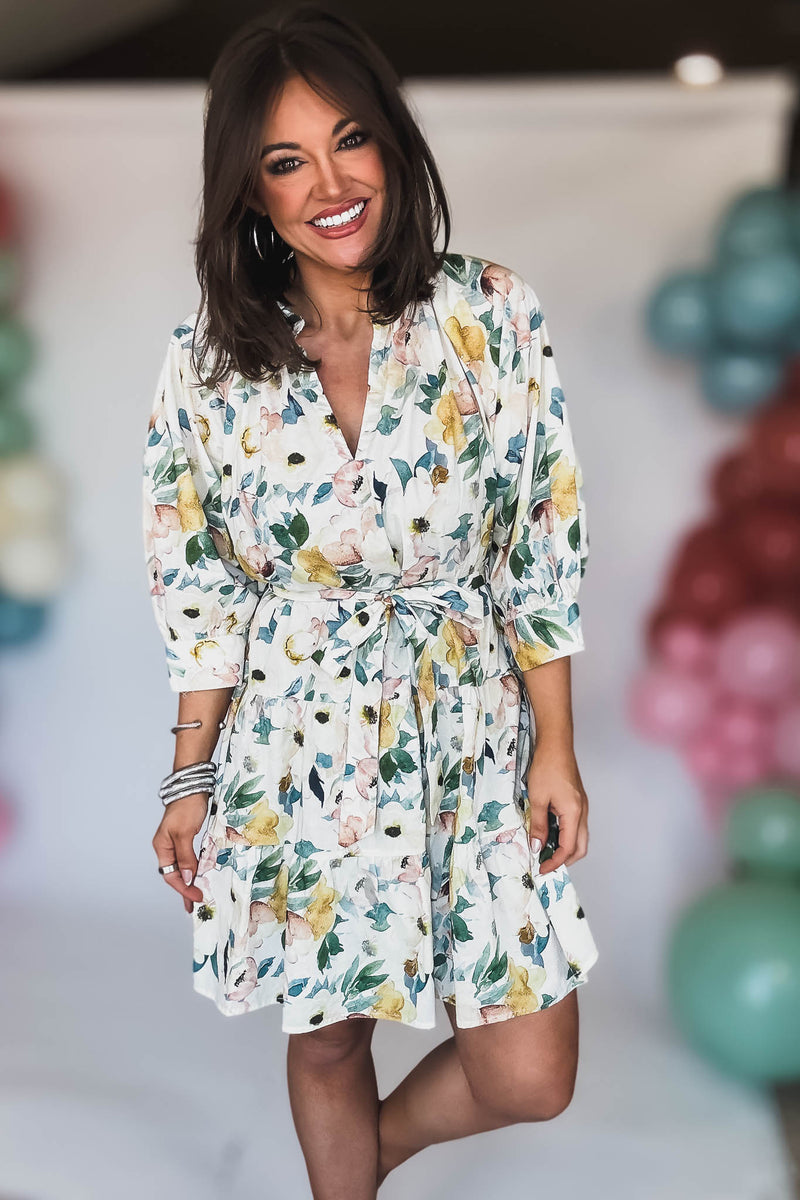 3/4 SLEEVE BELTED TIERED MINI DRESS
