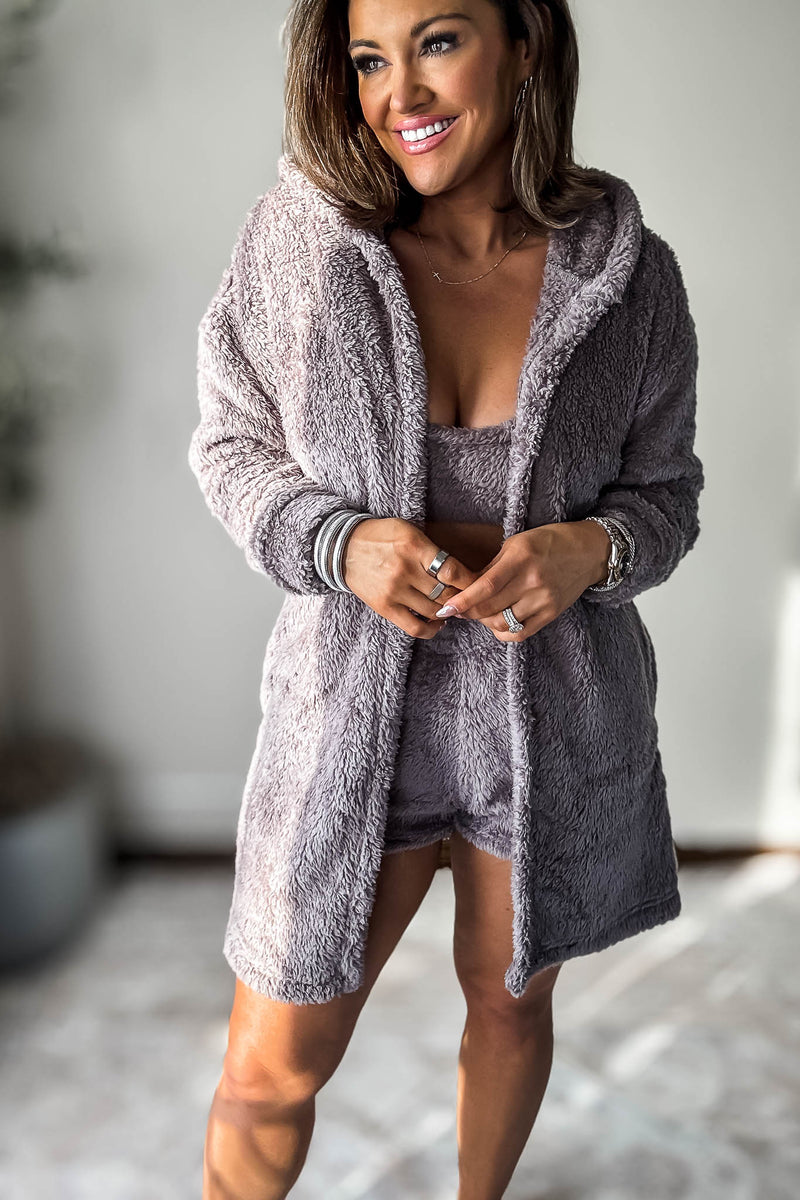 Cozy Fleece Taro Grey 3 Piece Cardigan Pajama Set