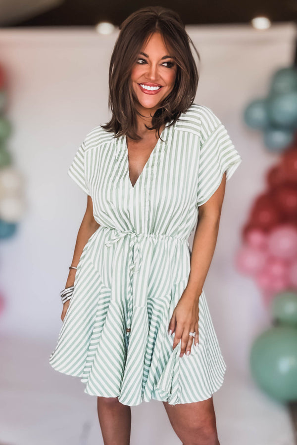 Sage And Ivory Tie Front Waisted Stripe Dress