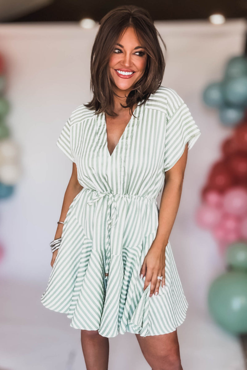 Sage And Ivory Tie Front Waisted Stripe Dress
