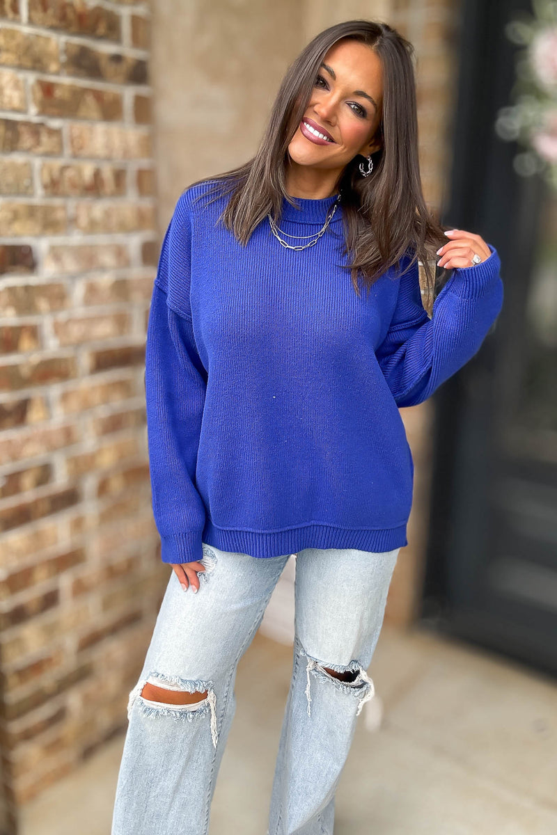 Royal Blue Long Sleeve Knit Pullover Sweater