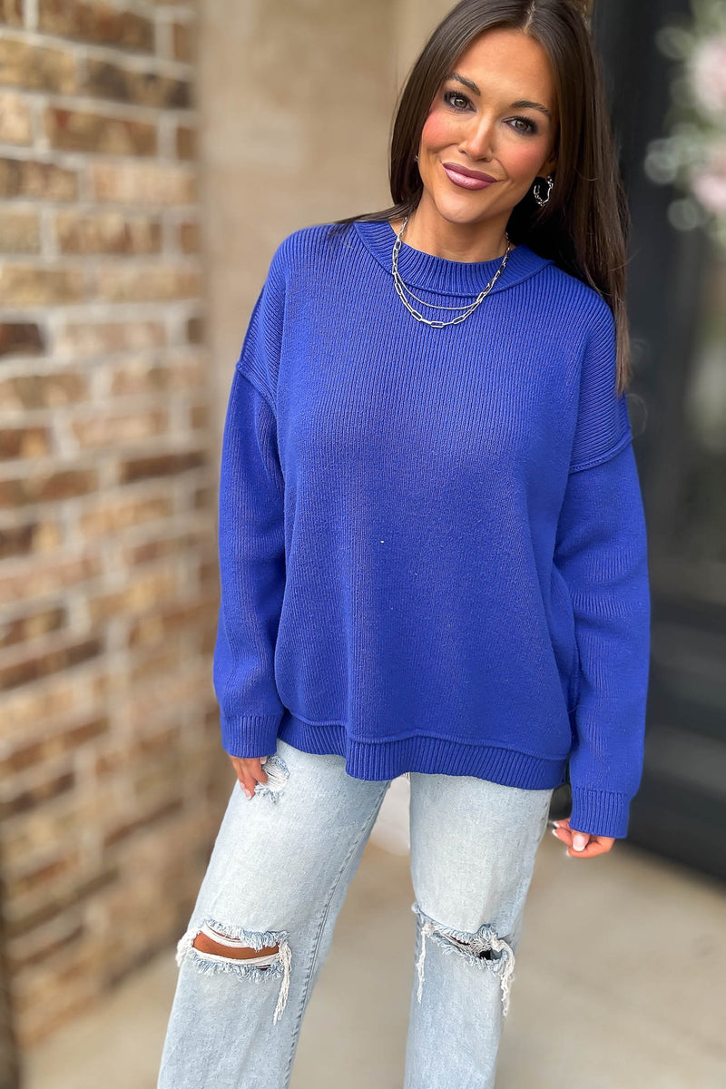 Royal Blue Long Sleeve Knit Pullover Sweater