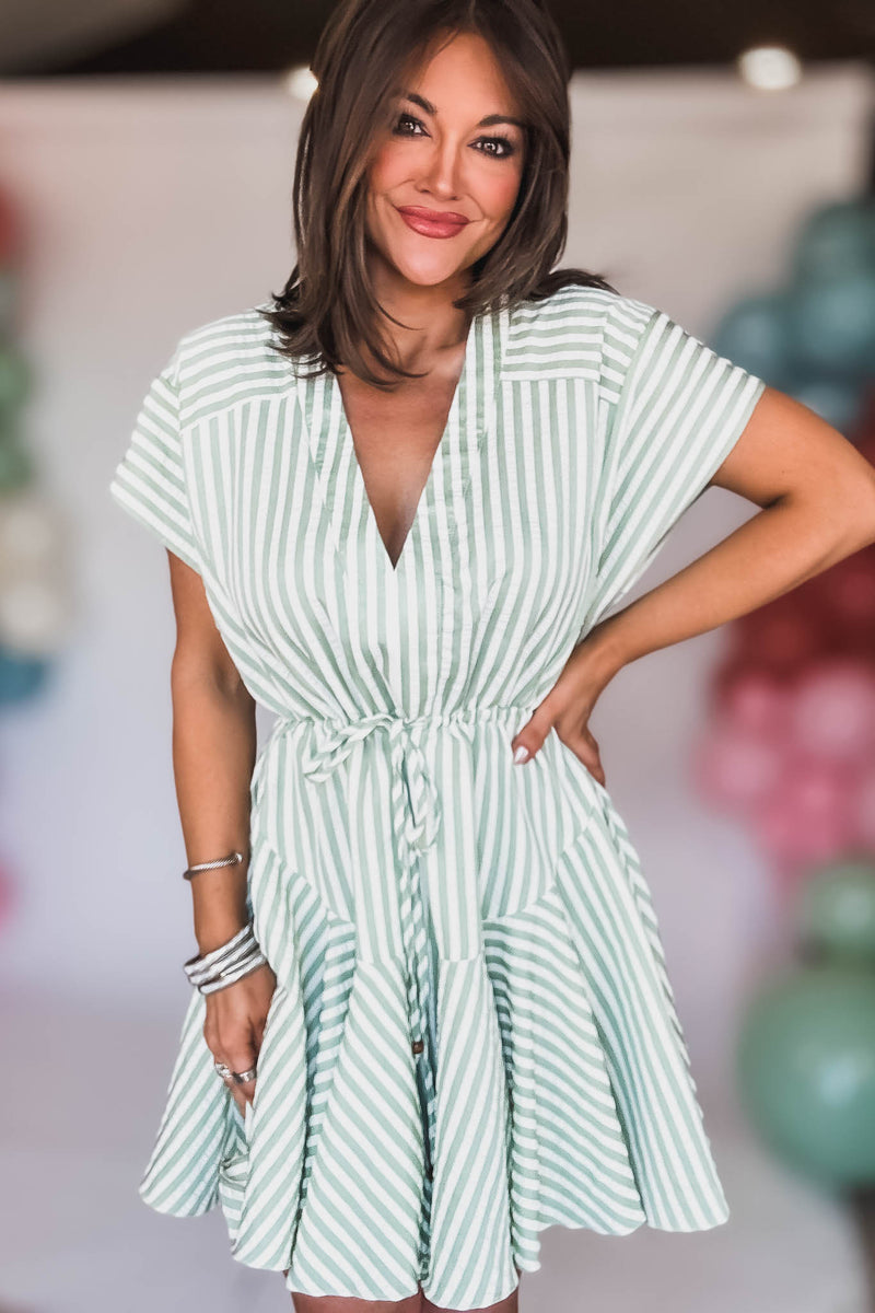 Sage And Ivory Tie Front Waisted Stripe Dress