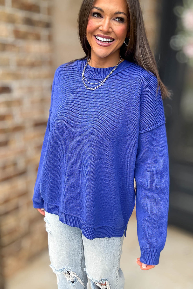 Royal Blue Long Sleeve Knit Pullover Sweater