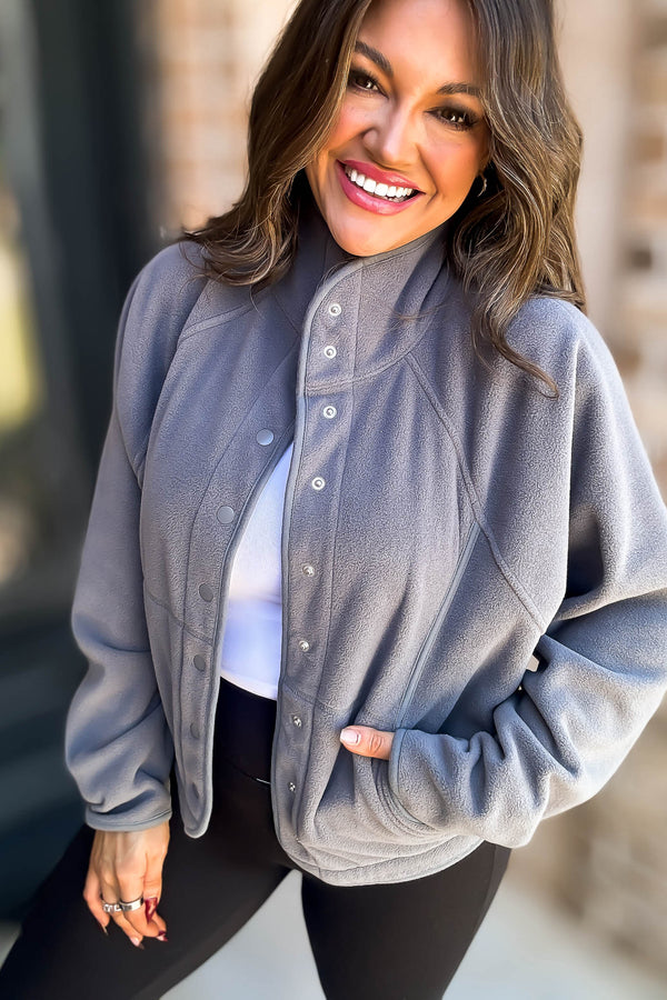 Fleece Grey Detail Patched Side Pockets Snap Up Jacket
