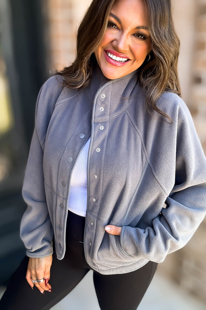 Fleece Grey Detail Patched Side Pockets Snap Up Jacket