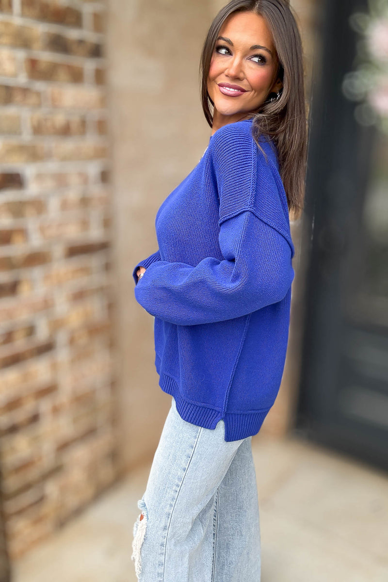 Royal Blue Long Sleeve Knit Pullover Sweater