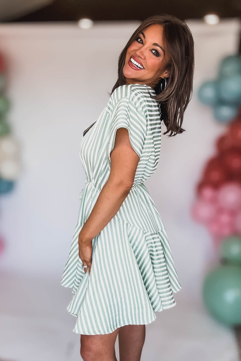 Sage And Ivory Tie Front Waisted Stripe Dress