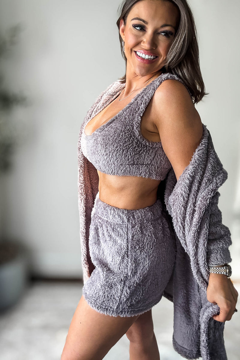 Cozy Fleece Taro Grey 3 Piece Cardigan Pajama Set