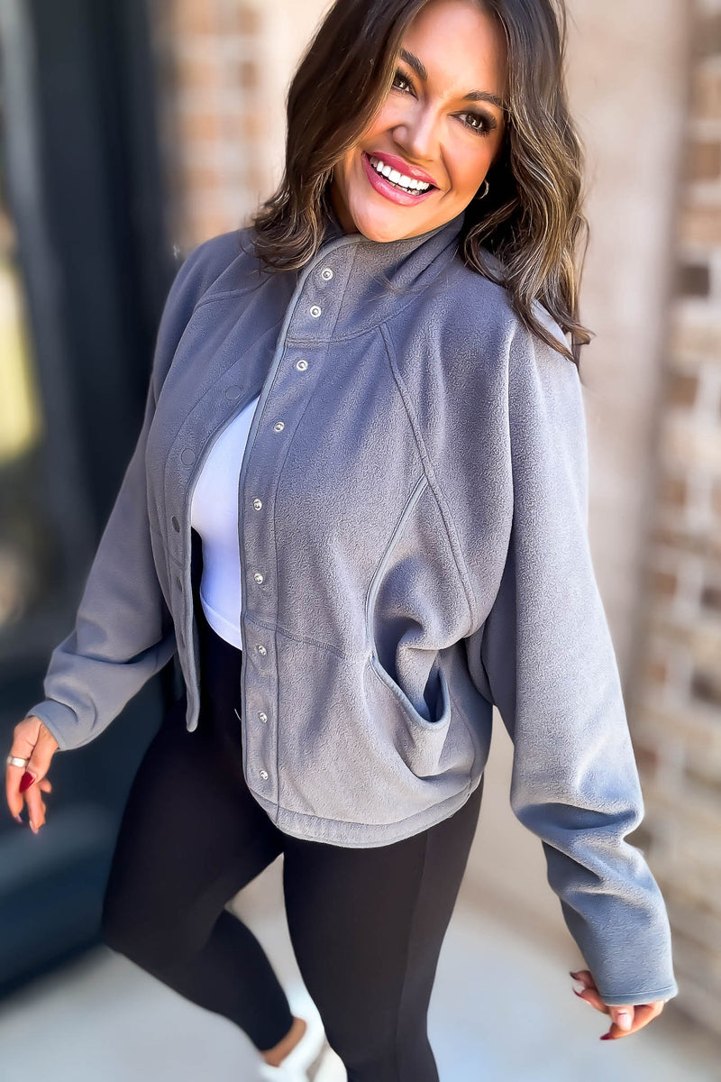 Fleece Grey Detail Patched Side Pockets Snap Up Jacket