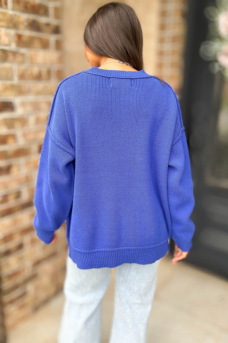 Royal Blue Long Sleeve Knit Pullover Sweater