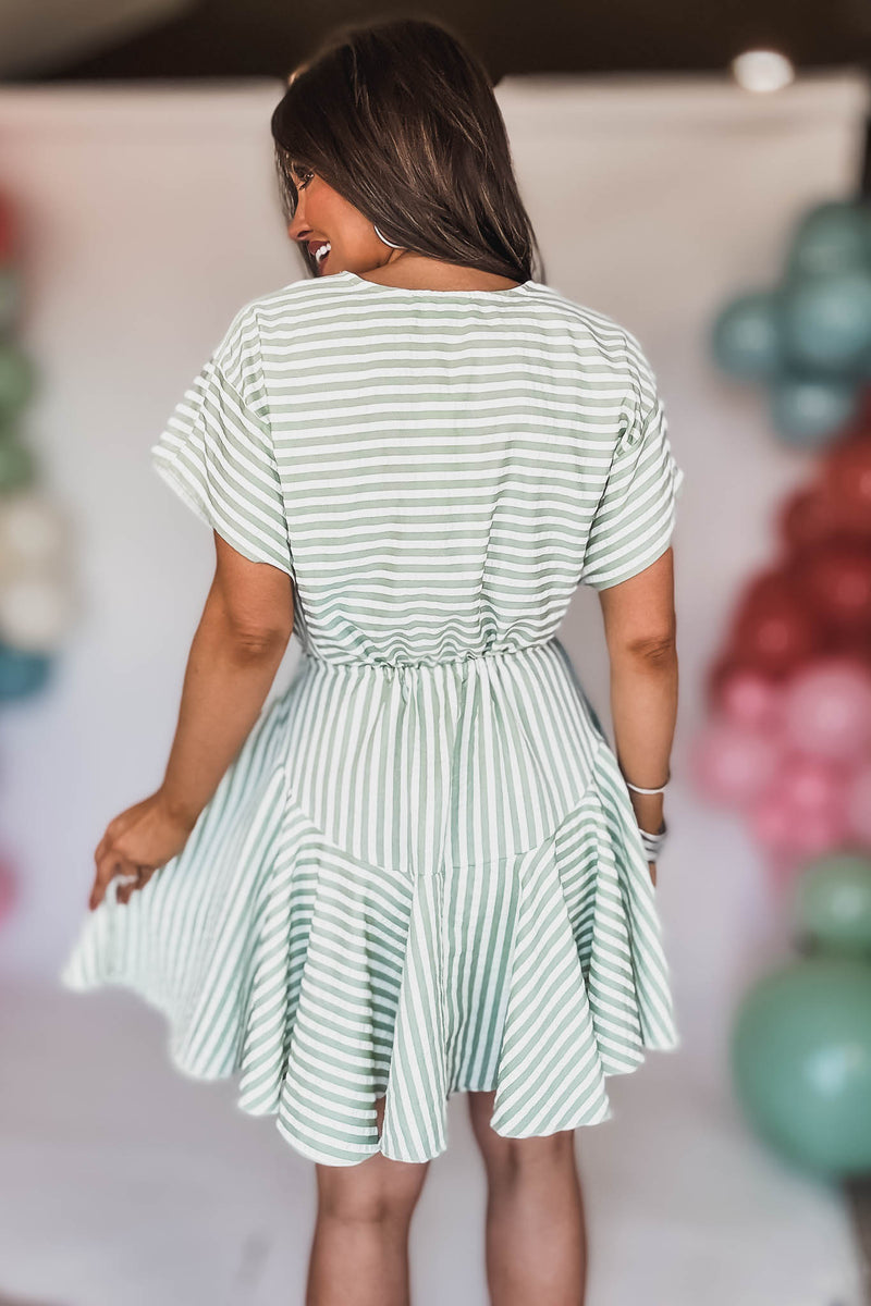 Sage And Ivory Tie Front Waisted Stripe Dress