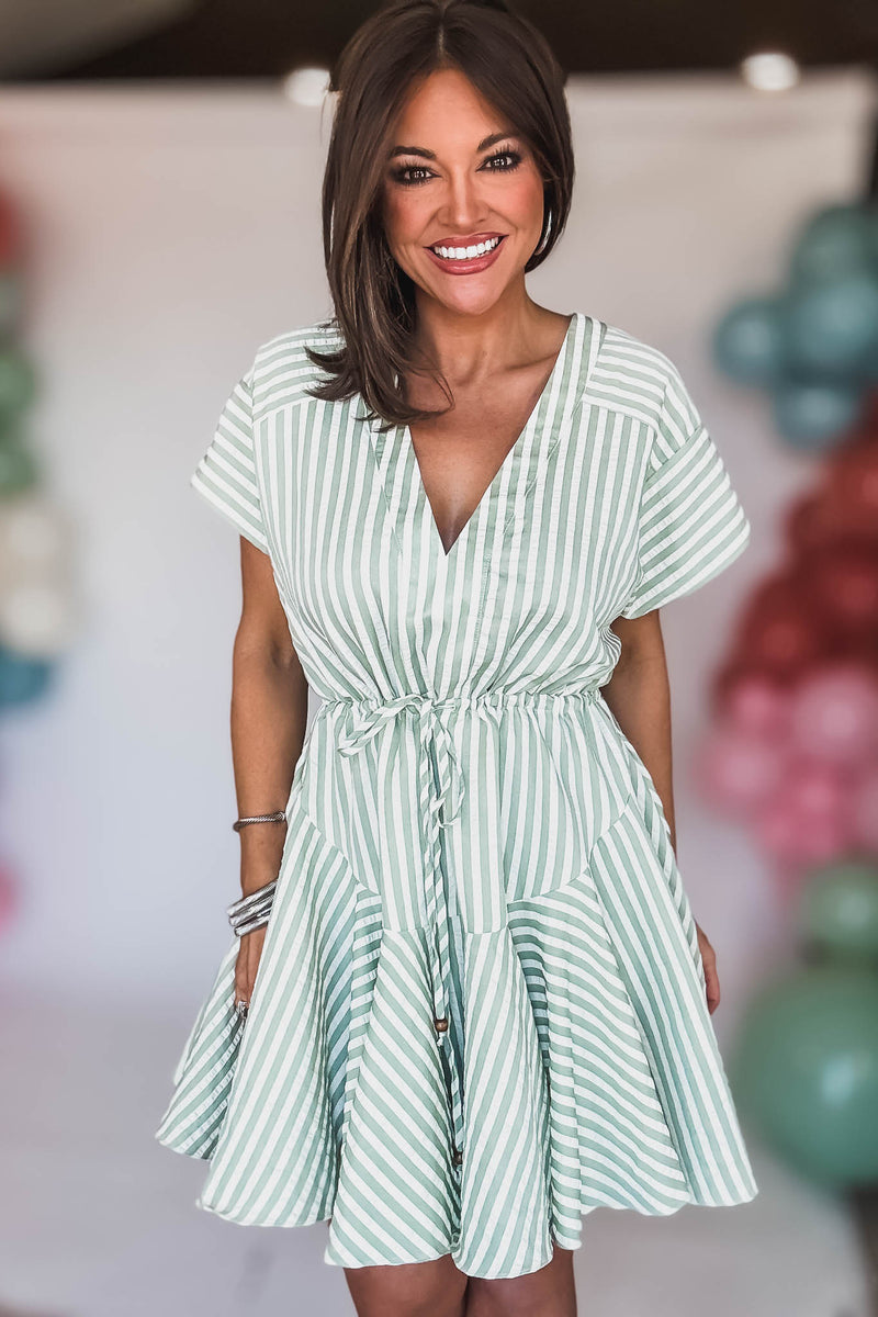 Sage And Ivory Tie Front Waisted Stripe Dress
