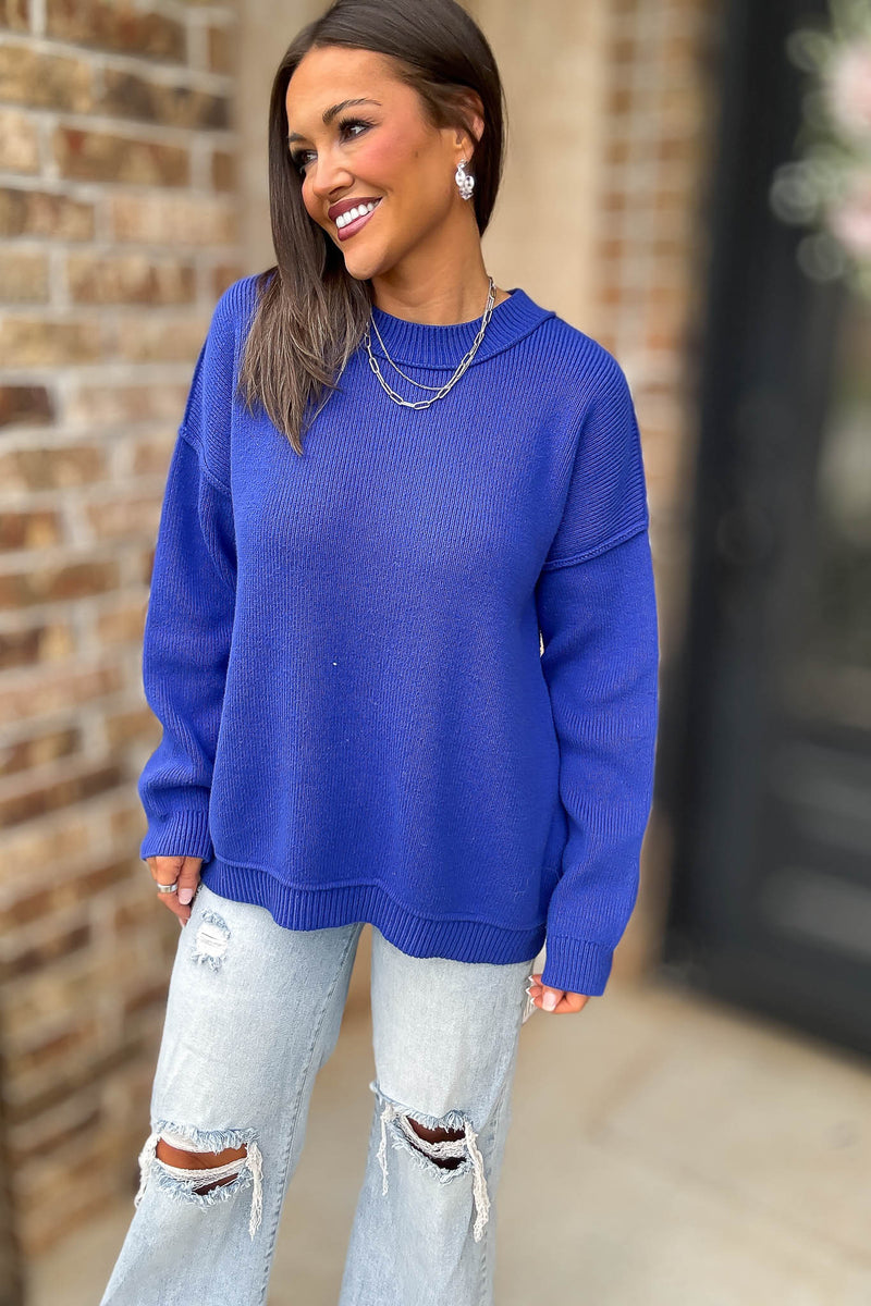 Royal Blue Long Sleeve Knit Pullover Sweater