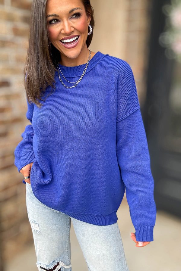 Royal Blue Long Sleeve Knit Pullover Sweater