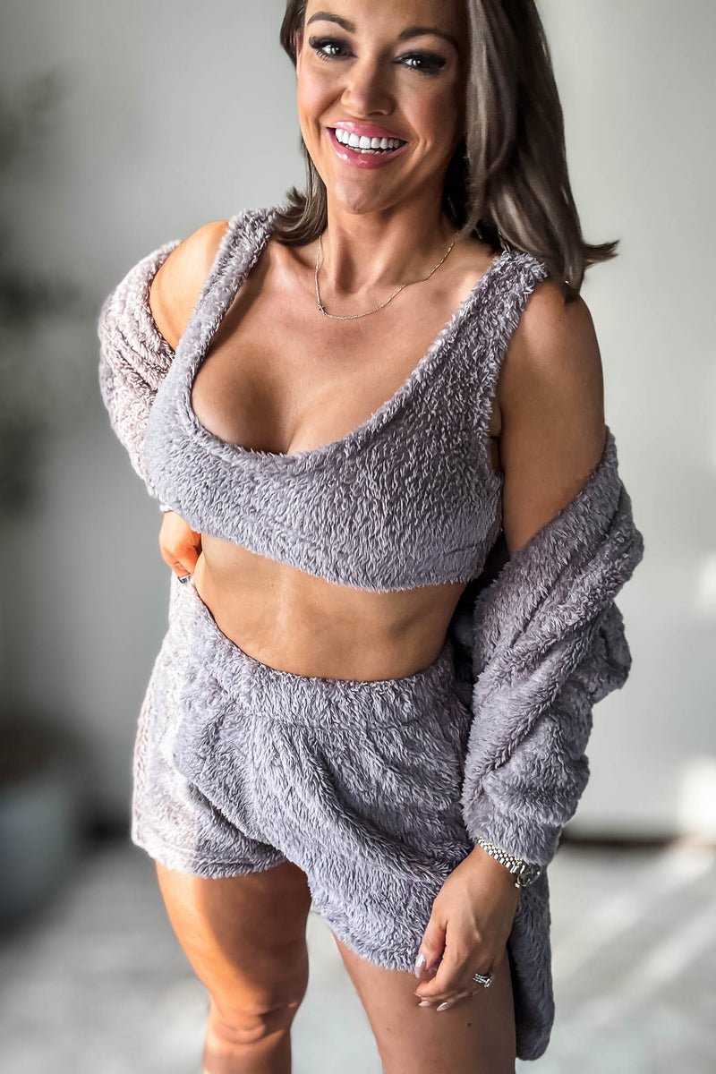 Cozy Fleece Taro Grey 3 Piece Cardigan Pajama Set