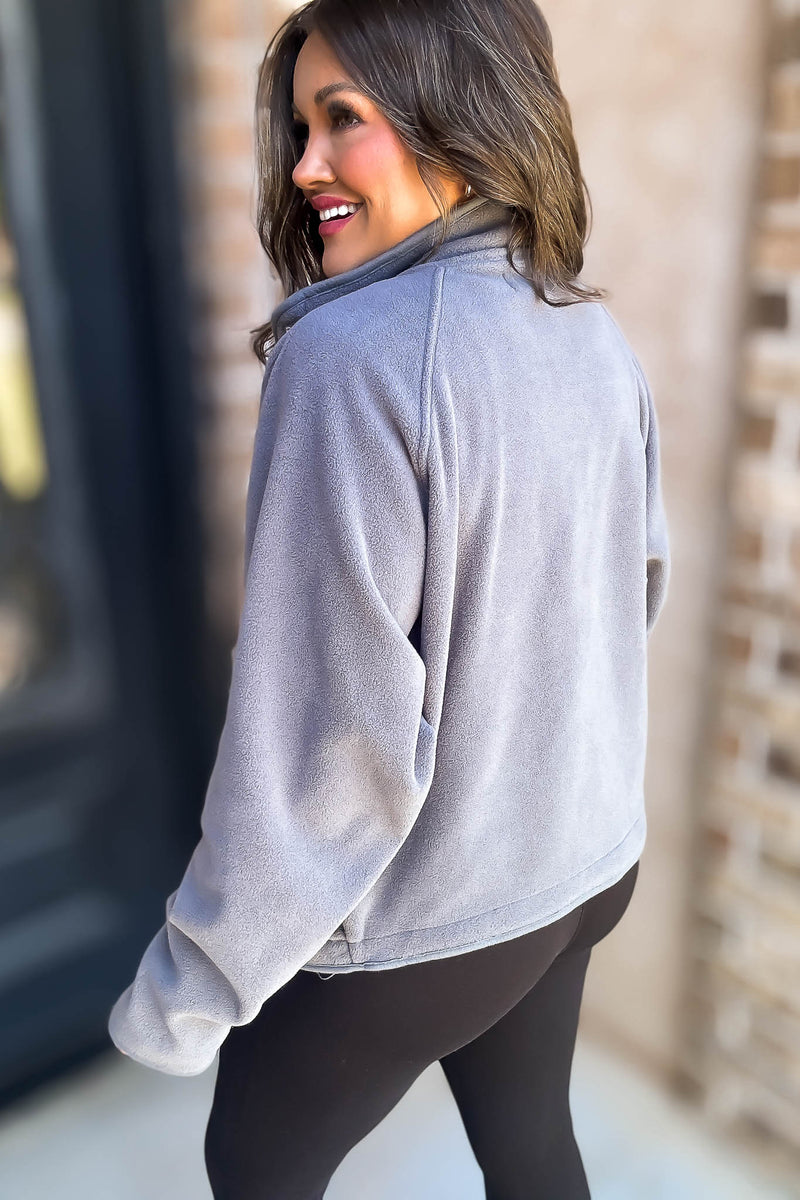 Fleece Grey Detail Patched Side Pockets Snap Up Jacket