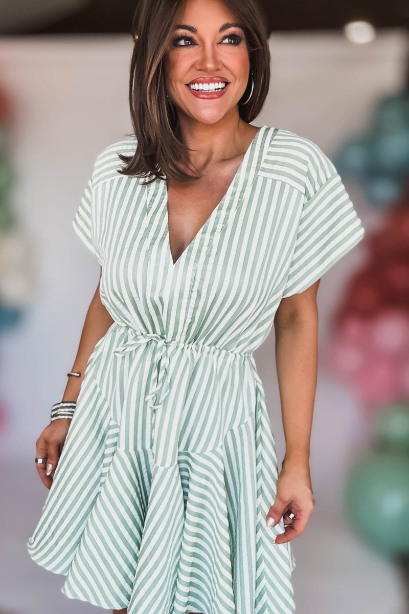 Sage And Ivory Tie Front Waisted Stripe Dress