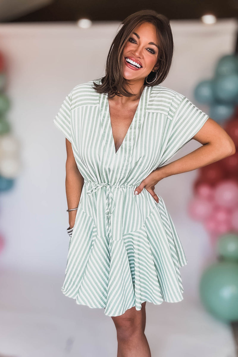 Sage And Ivory Tie Front Waisted Stripe Dress