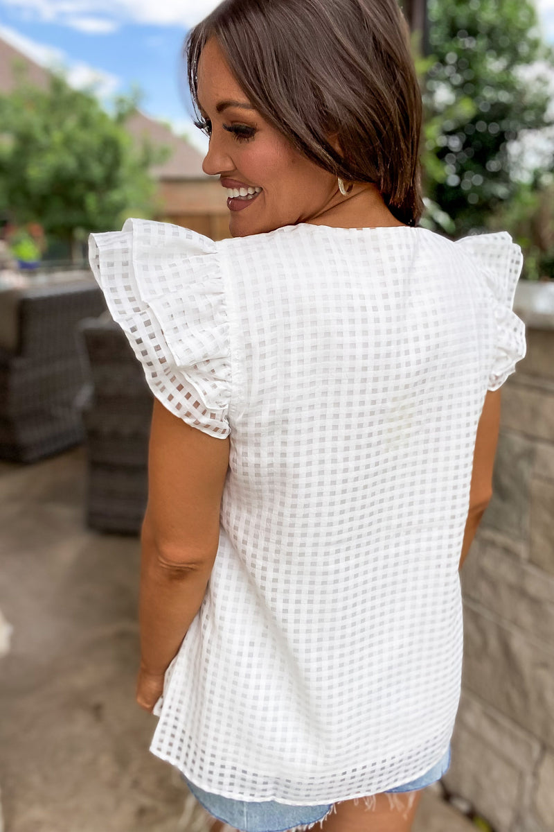 Checkered White Burnout Ruffle Cap Sleeve Top