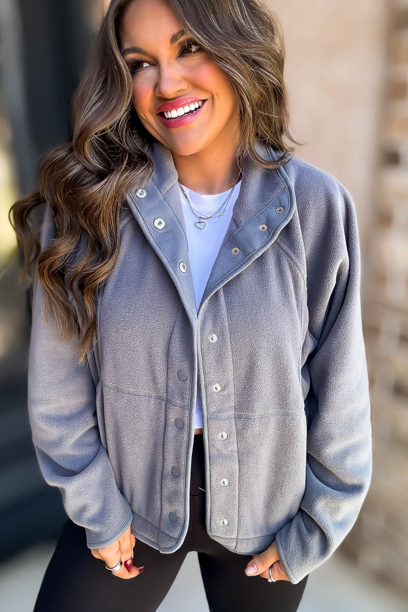 Fleece Grey Detail Patched Side Pockets Snap Up Jacket