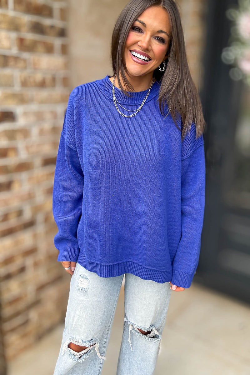 Royal Blue Long Sleeve Knit Pullover Sweater