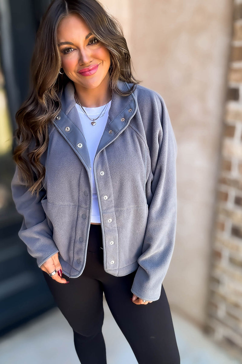 Fleece Grey Detail Patched Side Pockets Snap Up Jacket