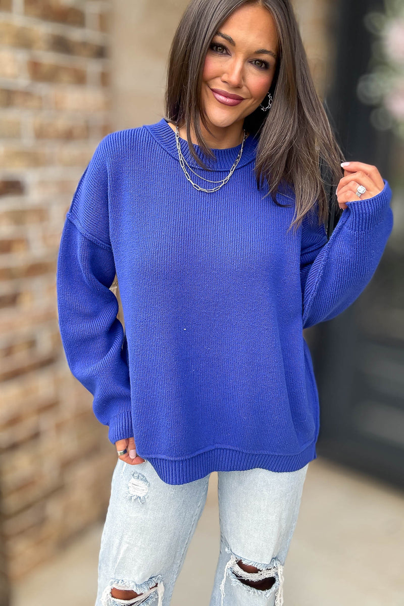 Royal Blue Long Sleeve Knit Pullover Sweater