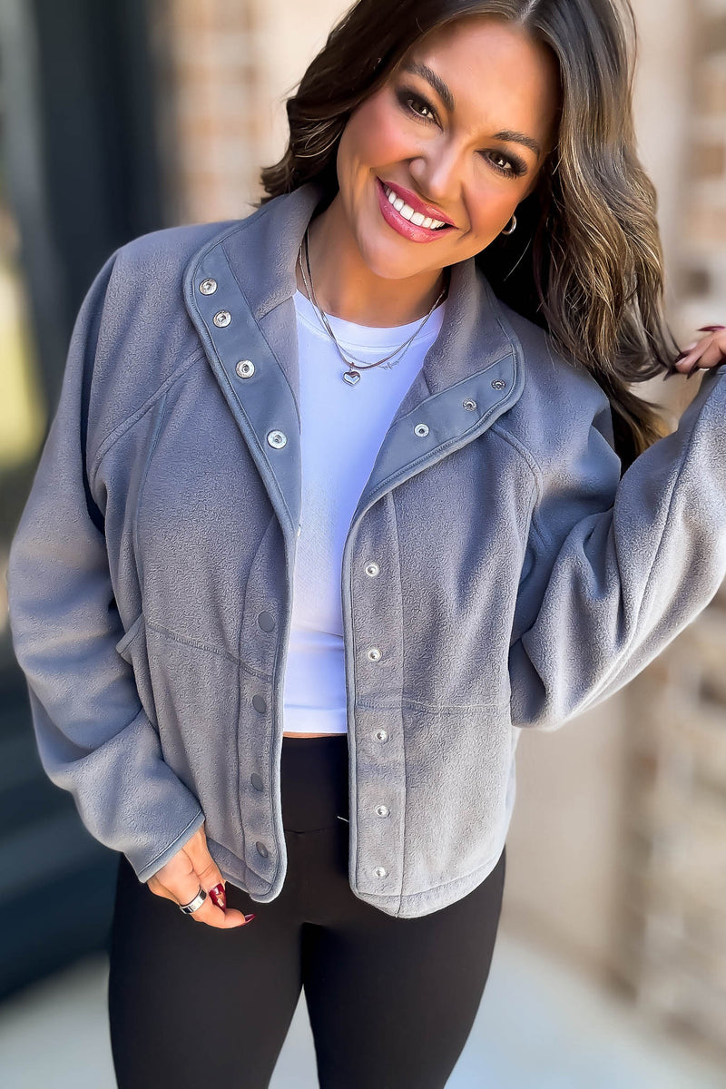 Fleece Grey Detail Patched Side Pockets Snap Up Jacket