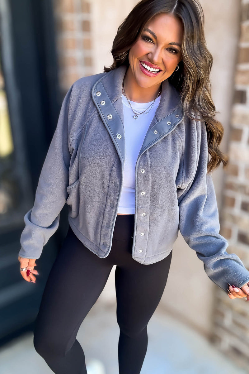 Fleece Grey Detail Patched Side Pockets Snap Up Jacket