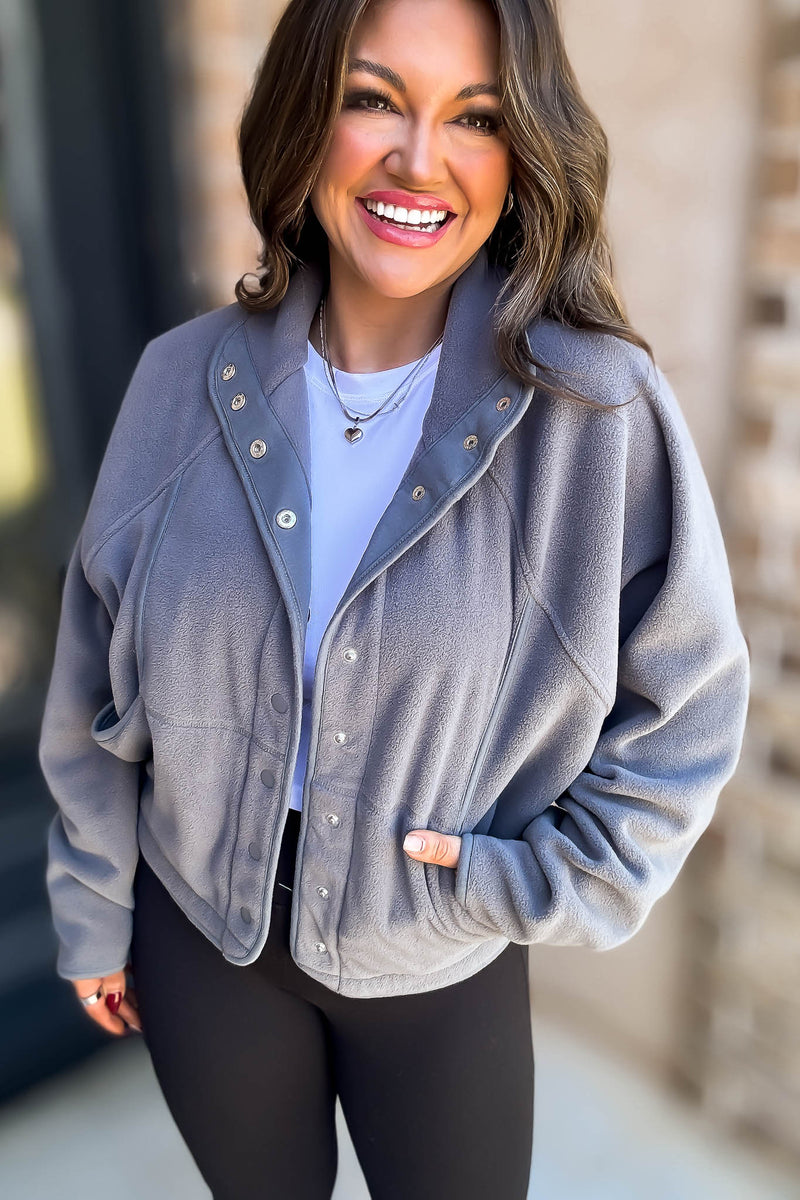 Fleece Grey Detail Patched Side Pockets Snap Up Jacket