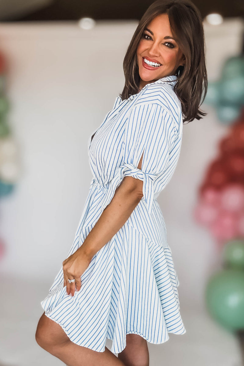 White And Blue 3/4SLEEVE BUTTON DOWN TIE FRONT WAISTED DRESS