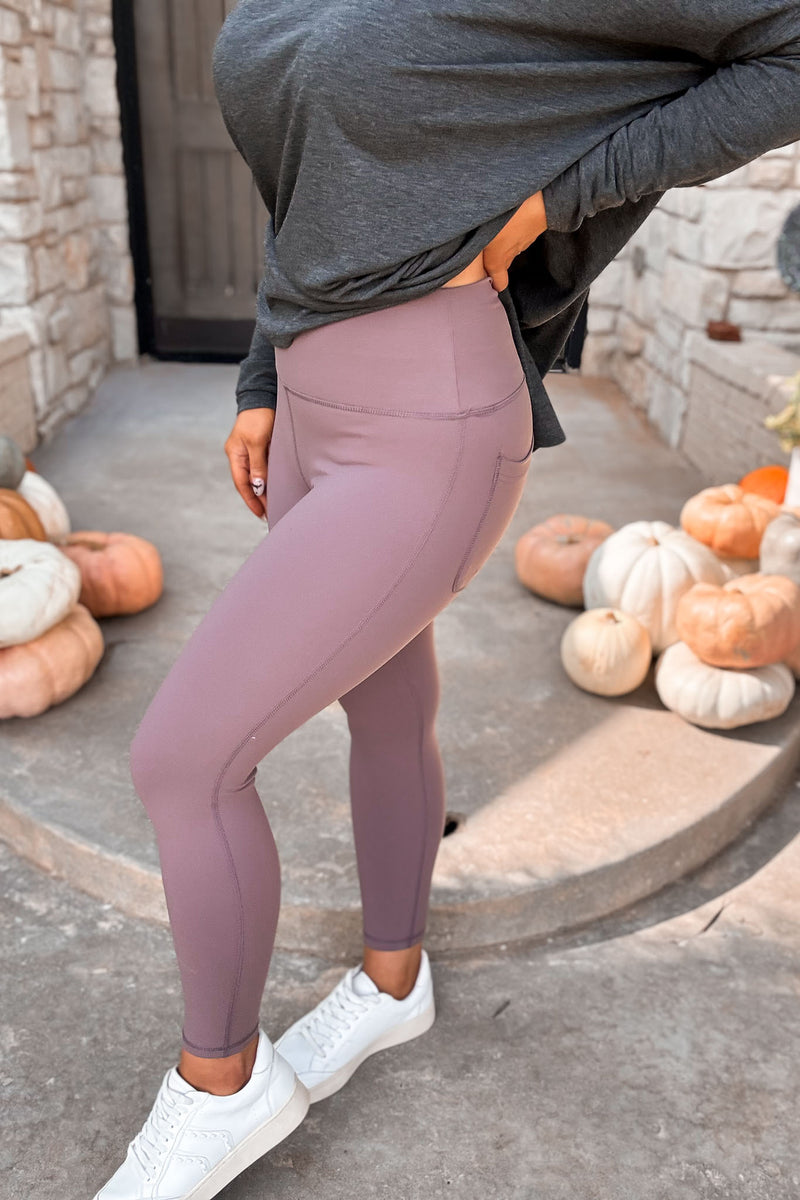 Tapered Bark Band Solid Leggings with Back Pockets