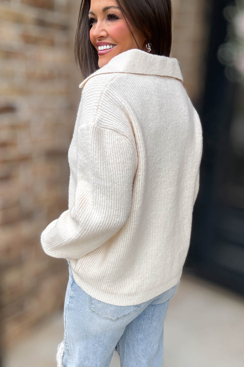 Cream Notch Neck Button Down Long Sleeves Sweater Top