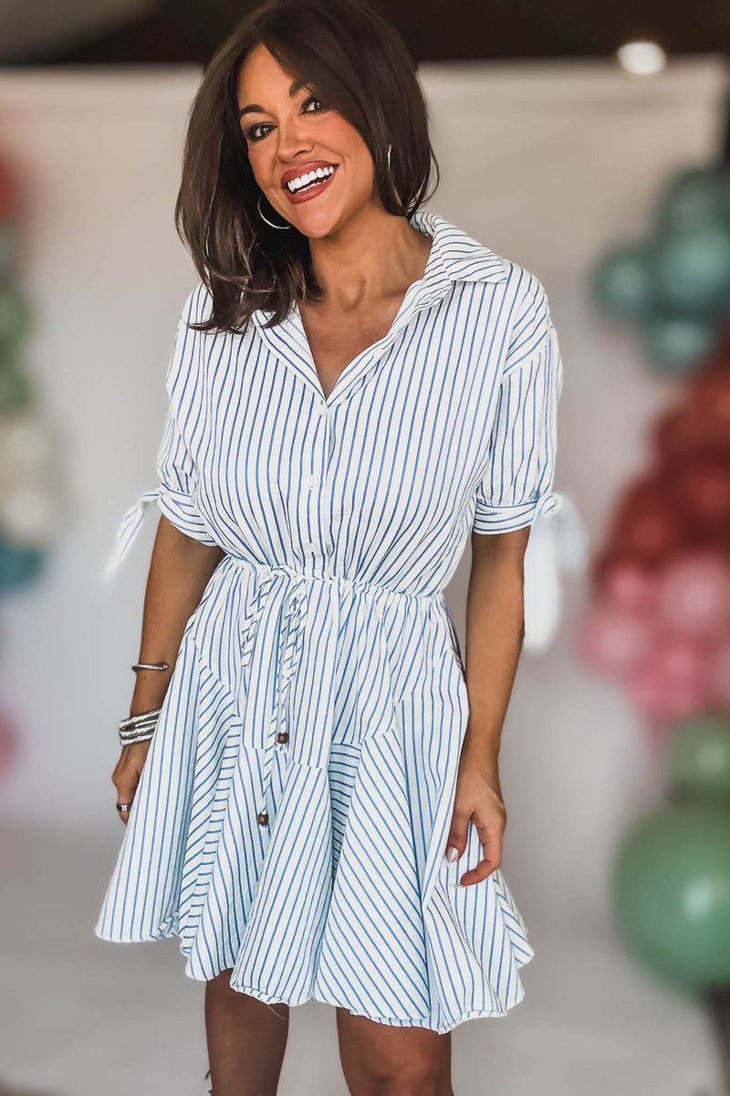 White And Blue 3/4SLEEVE BUTTON DOWN TIE FRONT WAISTED DRESS
