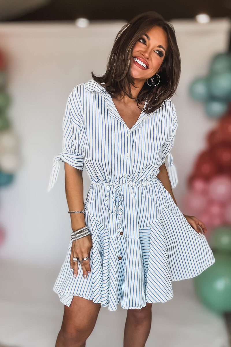 White And Blue 3/4SLEEVE BUTTON DOWN TIE FRONT WAISTED DRESS