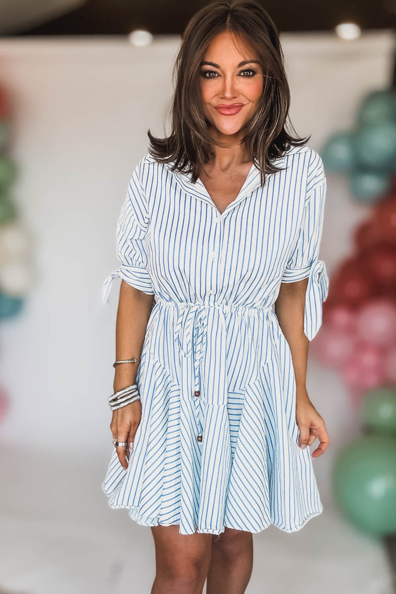 White And Blue 3/4SLEEVE BUTTON DOWN TIE FRONT WAISTED DRESS