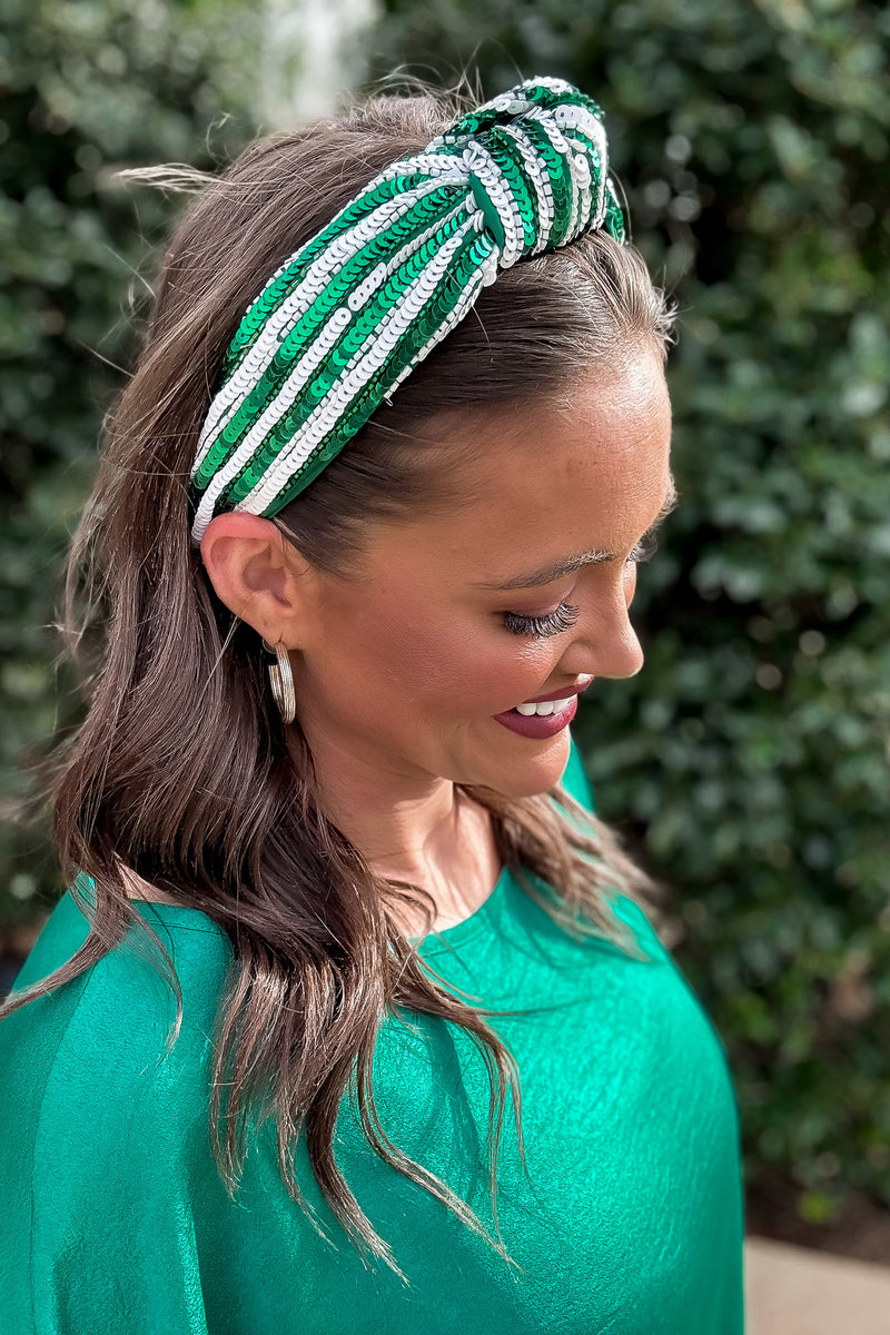Green And White Stripe Embellished Headband