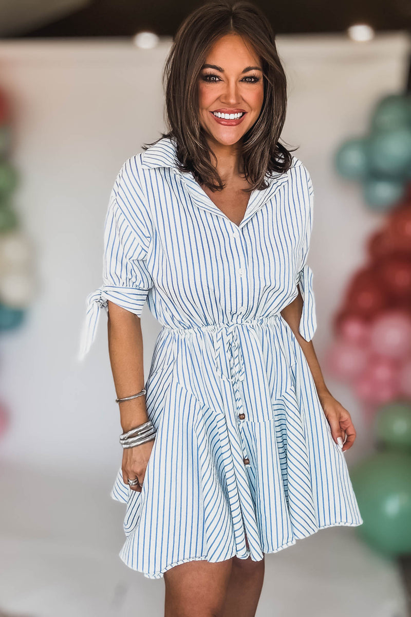 White And Blue 3/4SLEEVE BUTTON DOWN TIE FRONT WAISTED DRESS