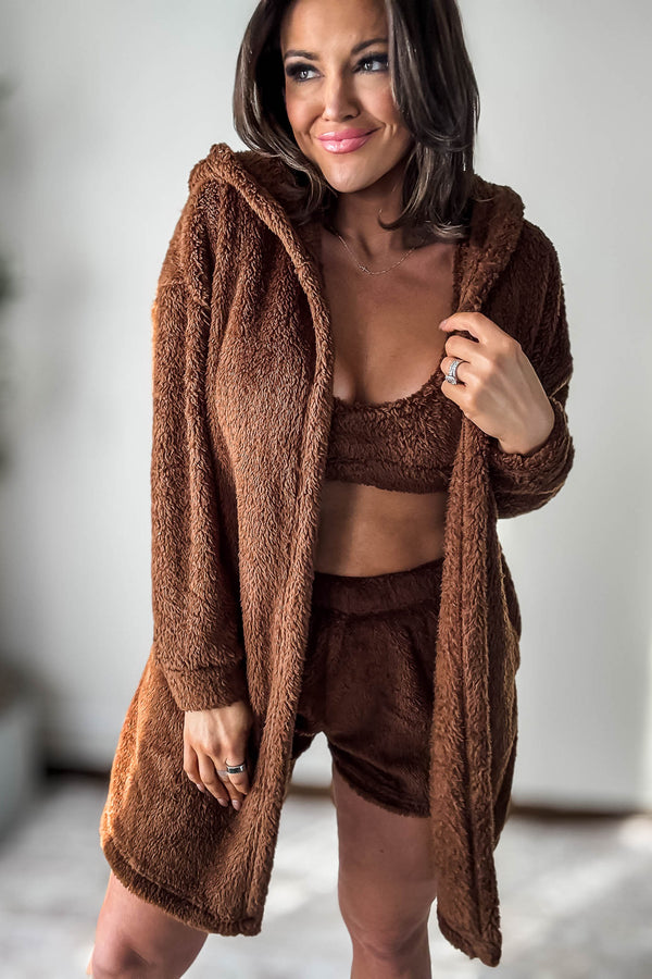 Cozy Fleece Chocolate 3 Piece Cardigan Pajama Set