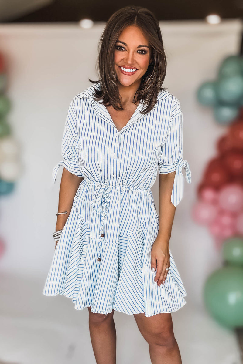White And Blue 3/4SLEEVE BUTTON DOWN TIE FRONT WAISTED DRESS