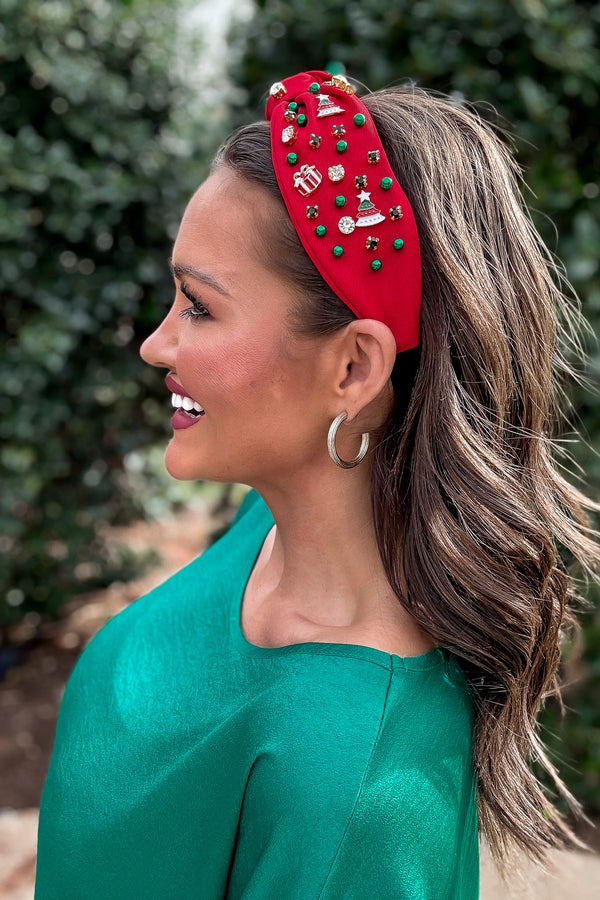 Red Charm, Pearl, and Stud Mix Embellished Headband